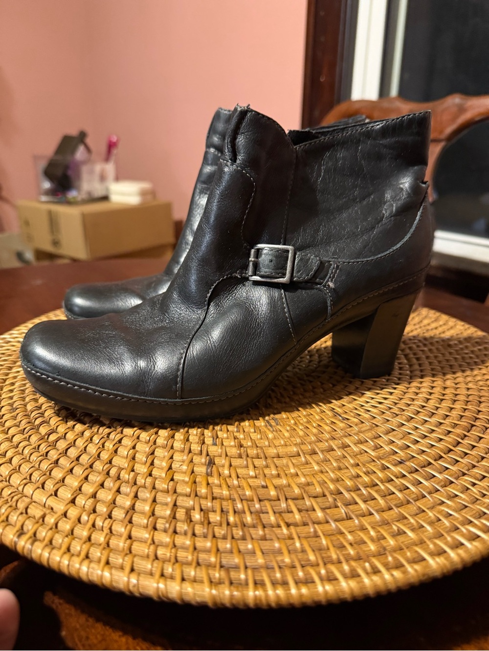 Clarks Black Leather‎ Mid-Heel Ankle Boots with Buckle Accent